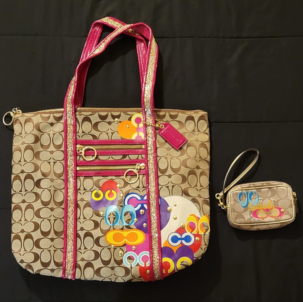 Coach Poppy Brown Hot Pink Multicolored Tote Bag With Wristlet.Can Sell Seperate